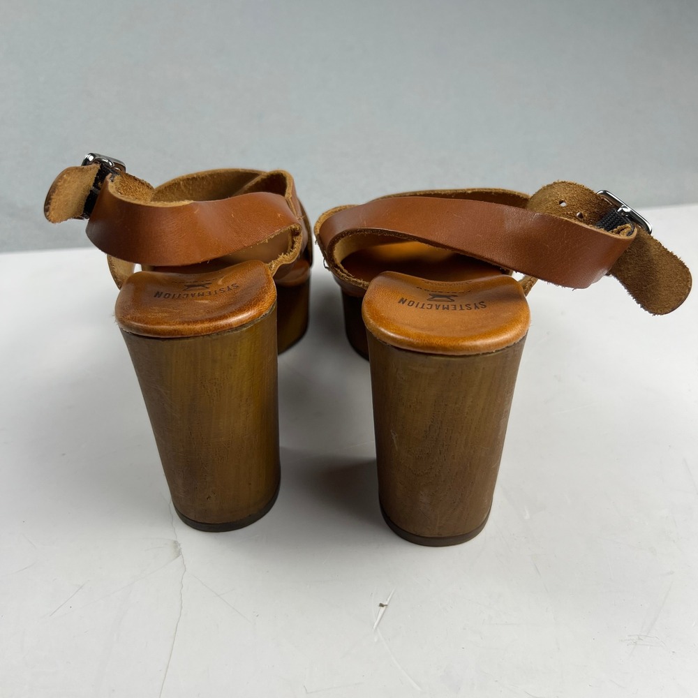 Brown Leather Wood Block Heel Boho Retro Platform Sandals Made in Italy Size 7 - Picture 3 of 16